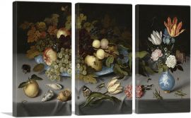 Still Life with Fruit, Blue Vase and Flowers 1621-3-Panels-90x60x1.5 Thick