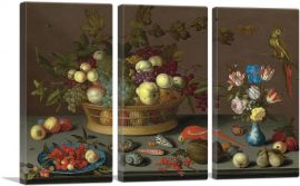 Flowers in Vase, Fruit and Red Parrot-3-Panels-90x60x1.5 Thick