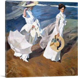 Seaside Stroll - Women Walking on the Beach 1909 -1-Panel-18x18x1.5 Thick