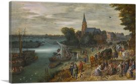 A Busy Townscape With Numerous Figures Arriving By Ferry Boat-1-Panel-12x8x.75 Thick