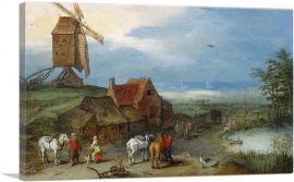 Landscape With a Windmill Various Figures Horses and Animals-1-Panel-26x18x1.5 Thick