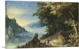 Mountainous River Landscape Travellers Overlooking a Distant Town