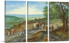 Panoramic Landscape With Covered Wagon Travelers On Highway-3-Panels-60x40x1.5 Thick
