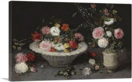 Still Life Of Roses And Other Flowers In a Bowl And a Vase-1-Panel-40x26x1.5 Thick