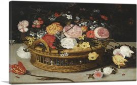 Still Life Roses Tulips Flowers In Basket Stone Ledge Lady-Bird Tiny Beetle-1-Panel-18x12x1.5 Thick