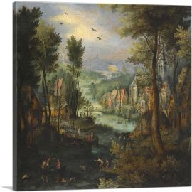 A River Landscape With Figures Bathing And a Village Beyond-1-Panel-18x18x1.5 Thick