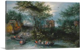 A Wooded Landscape With Peasants Crossing The River-1-Panel-18x12x1.5 Thick
