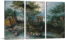 A Wooded Landscape With Peasants Crossing The River-3-Panels-90x60x1.5 Thick