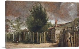 A Wooden Building With a Figure By a Fence-1-Panel-12x8x.75 Thick