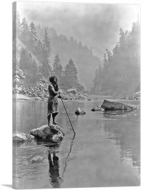 Hupa Man With Spear Standing On a Rock Midstream-1-Panel-26x18x1.5 Thick