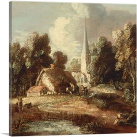 Landscape With Church Cottage Villagers Animals 1771-1-Panel-26x26x.75 Thick