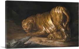 A Tigress With Her Cubs Threatened By a Crocodile-1-Panel-18x12x1.5 Thick