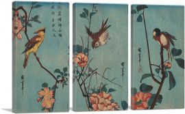 Sparrow and Wild Roses and Cherry Blossoms 1833-3-Panels-60x40x1.5 Thick