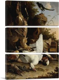 A Hunters Bag Near a Tree Stump With a Magpie - Contemplative Magpie-3-Panels-90x60x1.5 Thick