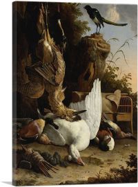 A Hunters Bag Near a Tree Stump With a Magpie - Contemplative Magpie-1-Panel-26x18x1.5 Thick