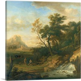 A Italianate Landscape Peasants Conversing By a Waterfall-1-Panel-12x12x1.5 Thick