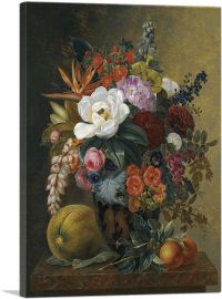 Exotic Blooms In Grecian Krater Fruit On a Marble Ledge 1838-1-Panel-26x18x1.5 Thick