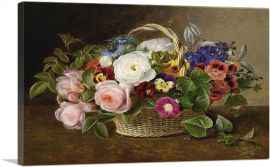 Flower Still Life With Roses Winds Pansies In Basket 1843-1-Panel-12x8x.75 Thick