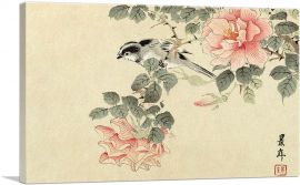 Black And White Bird Among Pink Roses 1892-1-Panel-60x40x1.5 Thick