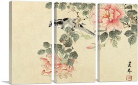 Black And White Bird Among Pink Roses 1892-3-Panels-90x60x1.5 Thick