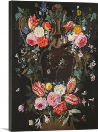 Ivy Covered Sculpted Cartouche Adorned Flowers Including Roses Tulips Lillies-1-Panel-26x18x1.5 Thick