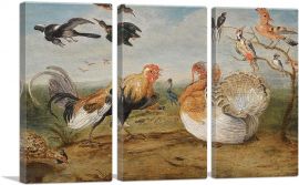 Landscape With Cockerel Turkey Squabbling And Other Fowl-3-Panels-60x40x1.5 Thick