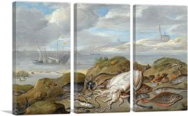Still Life Cuttle Fish Cod Mussels On Dune A Church River Estuary-3-Panels-90x60x1.5 Thick