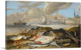 Still Life Fish Harbor Landscape Allegory Of Element Water 1660-1-Panel-26x18x1.5 Thick