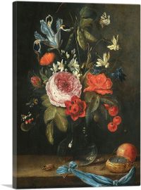 Still Life Flowers Glass Vase Red Admiral Butterfly Bee Insects Pocket Watch-1-Panel-12x8x.75 Thick