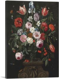 Still Life Tulips Roses Whitish Iris Cherries Peas Flowers Surrounded Insects