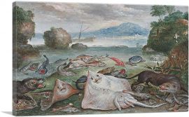 A Still Life Of Fish On a Beach With a Seal And An Otter