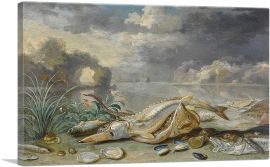 Sturgeon Thornback Ray Cod Oysters Mussels Fish Seashore Ship In Distance-1-Panel-26x18x1.5 Thick