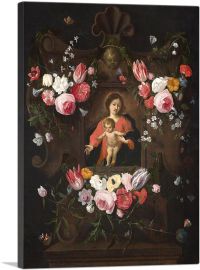 The Virgin And Child In a Cartouche With a Garland Of Flowers-1-Panel-12x8x.75 Thick