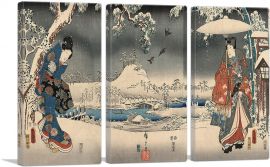 Snowy Landscape With a Woman Brandishing a Broom and a Man Holding an Umbrella-3-Panels-90x60x1.5 Thick