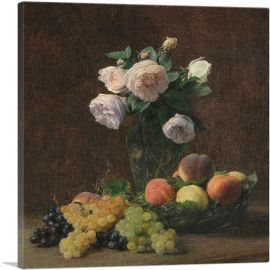 Dead Nature Vase Of Roses Peaches And Grapes 1894-1-Panel-12x12x1.5 Thick