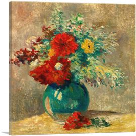 Green Vase With Multicolor Flowers Village Near River-1-Panel-36x36x1.5 Thick