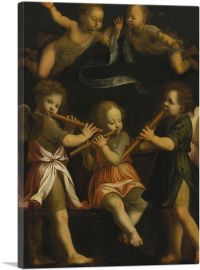 Three Flute Playing Angels With Two Putti Flight Above-1-Panel-12x8x.75 Thick