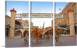 Fort Worth Longhorn Steers Texas Bulls Stock Yards-3-Panels-60x40x1.5 Thick