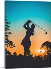 Girl Golfer Silhouette Sunset-1-Panel-18x12x1.5 Thick