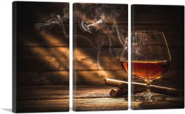 Glass of Bourbon Whiskey and Smoking Cigar-3-Panels-90x60x1.5 Thick