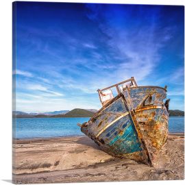 Boat On The Beach Home Decor Square-1-Panel-18x18x1.5 Thick