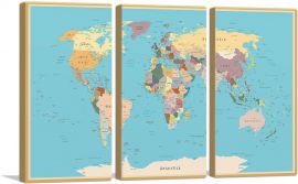 World Map-3-Panels-90x60x1.5 Thick