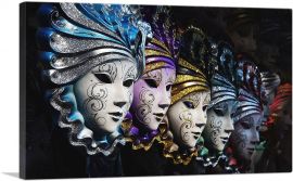 Row of Venetian Porcelain Masks-1-Panel-26x18x1.5 Thick