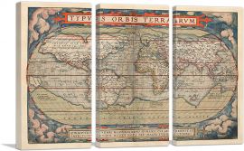 Ortelius World Map 1570-3-Panels-90x60x1.5 Thick