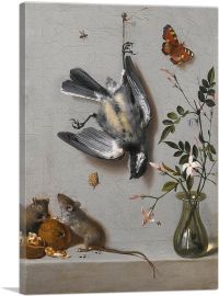 Still Life Songbird Butterflies Mice Eating Walnuts Flowers Vase On Stone Ledge-1-Panel-26x18x1.5 Thick