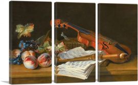 Still Life Violin Recorder Books Portfolio Sheet Of Music Peaches Grapes On Table Top-3-Panels-90x60x1.5 Thick