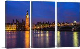 London England Big Ben at Night-3-Panels-60x40x1.5 Thick