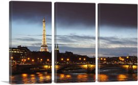 Paris France Eiffel Tower After Sunset-3-Panels-90x60x1.5 Thick