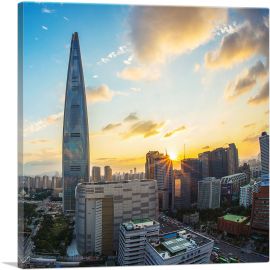 Seoul South Korea Lotte World Tower Skyline Square-1-Panel-26x26x.75 Thick