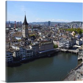 Zurich Switzerland Canal Skyline Square-1-Panel-26x26x.75 Thick